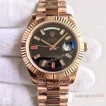 High Quality Replica Rolex Day-Date Rose Gold Presidential Watch Black Ruby Dial Baguettes Markers
